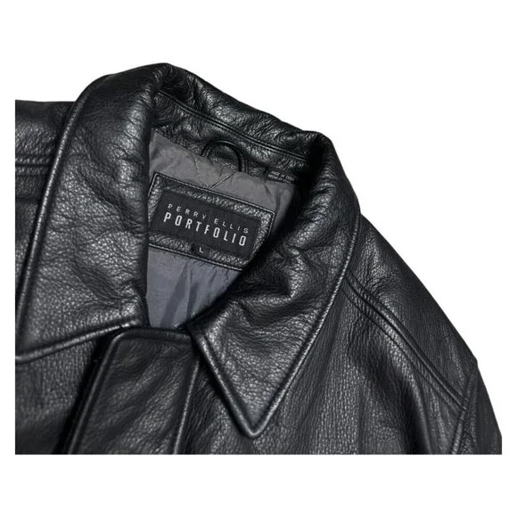 PERRY ELLIS Portfolio GENUINE LEATHER Designer Winter Business Casual Coat Large - Picture 2 of 5